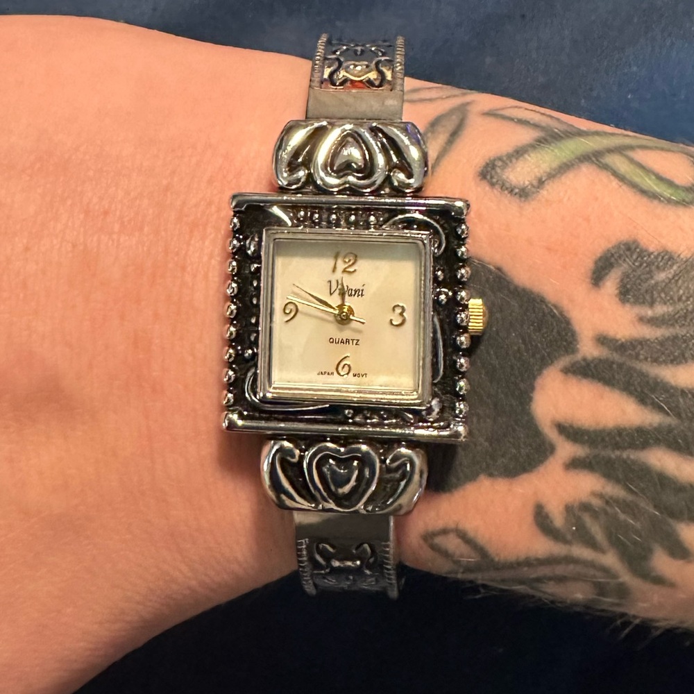 Vivani Silver-Tone Cuff Bracelet Watch with Square Face & Mother-of-Pearl Dial